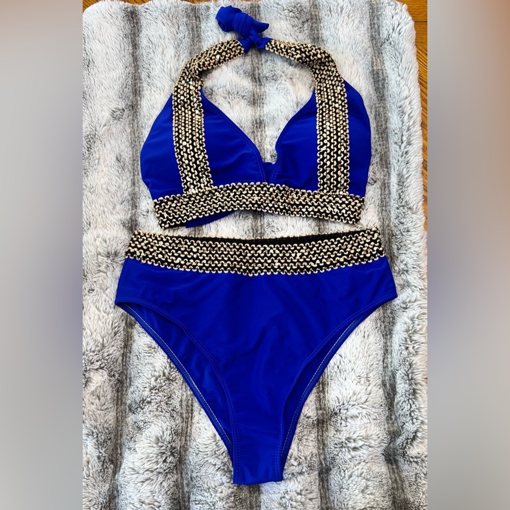 Verdusa 2 Piece High Waisted Bikini Chevron Print Tie Back swimsuit NWOT